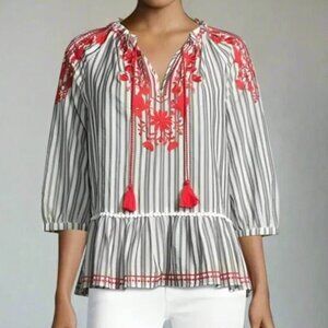 BROOME STREET Boho KATE SPADE Womens Embroidered Peplum Top XS Blue Stripe